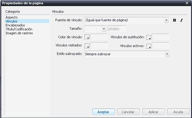 Propiedades de la página-vinculos